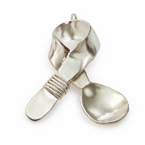 Silver spoon ribbon pendant set on a white background